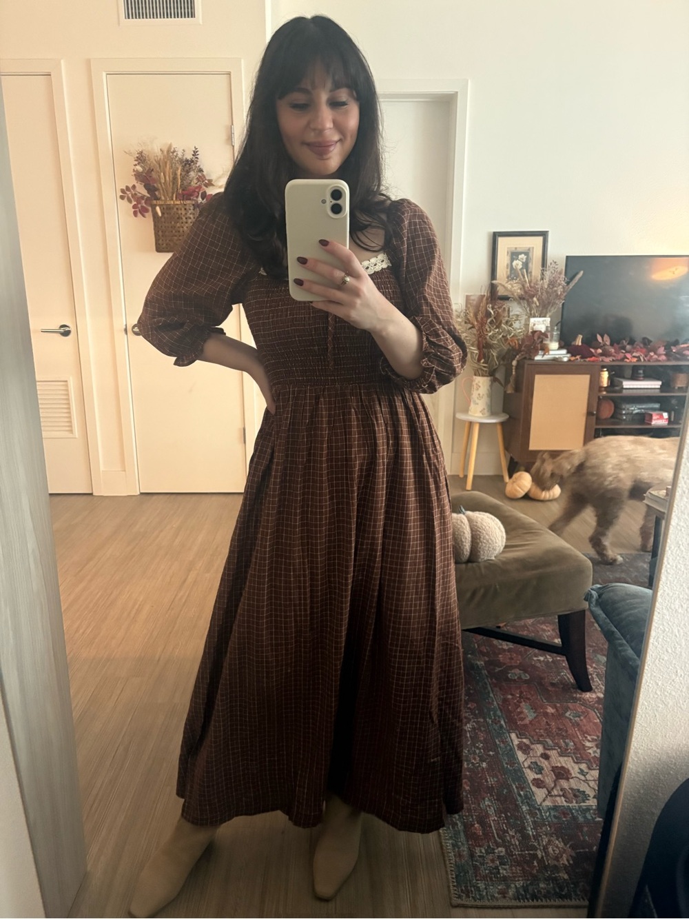 Smocked Waist Brown Plaid Maxi Dress - Women's